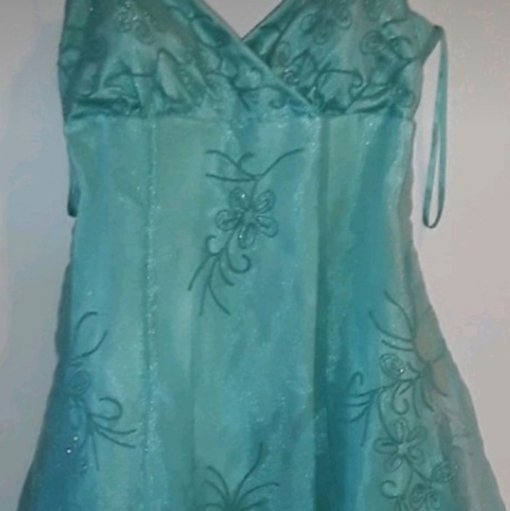 Teal, open back, full length prom dress